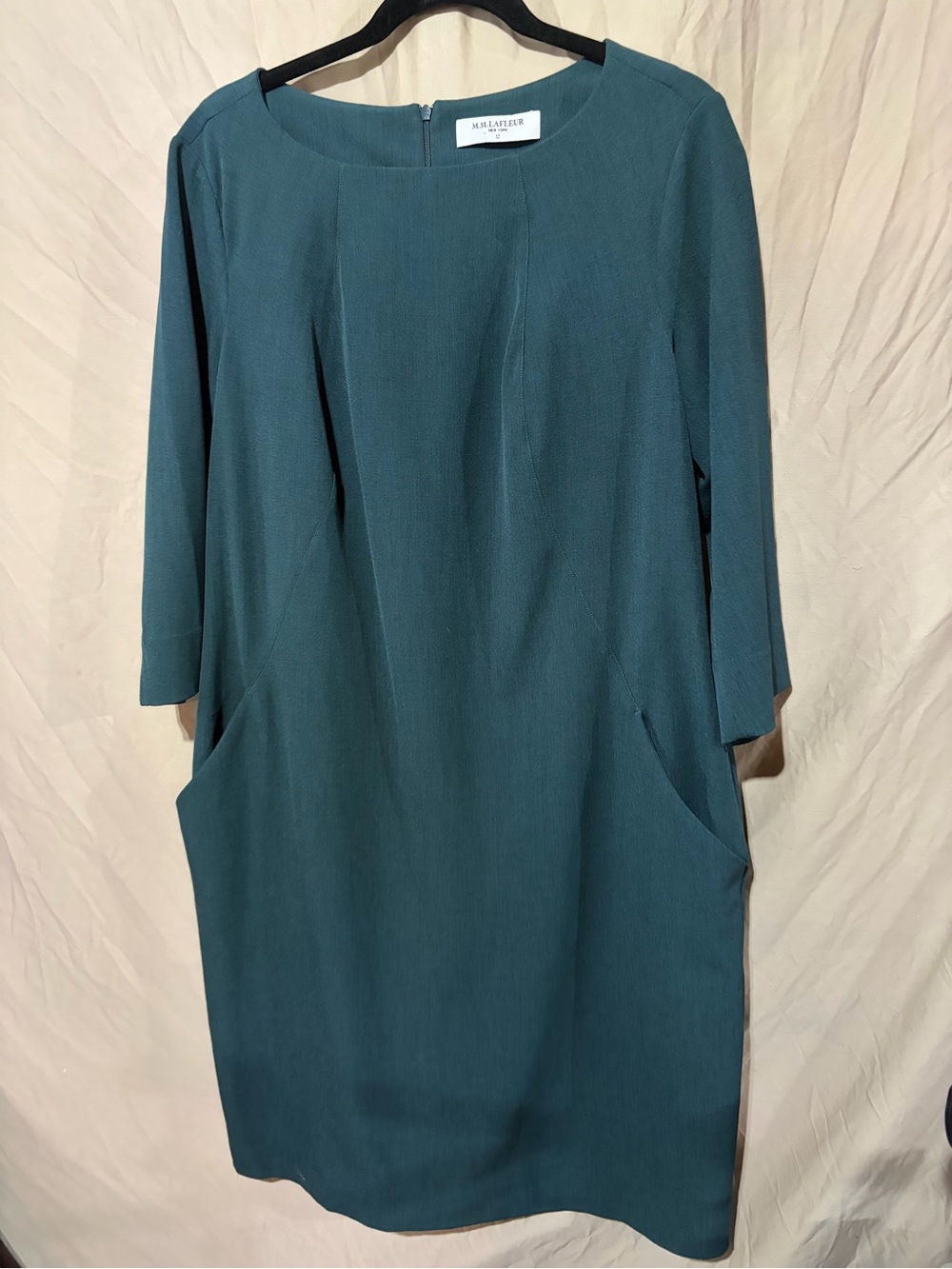 MM Lafleur teal green sheath midi dress business casual 3/4 sleeve